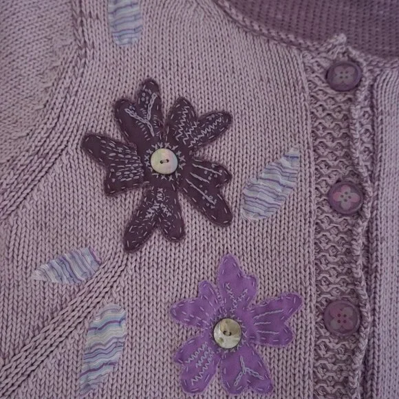 Vintage Lavender w Purple Floral Knit Button Up Cardigan Sweater M - Picture 10 of 11